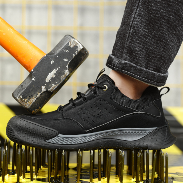 Black waterproof microfiber leather steel toe safety work shoes for men
