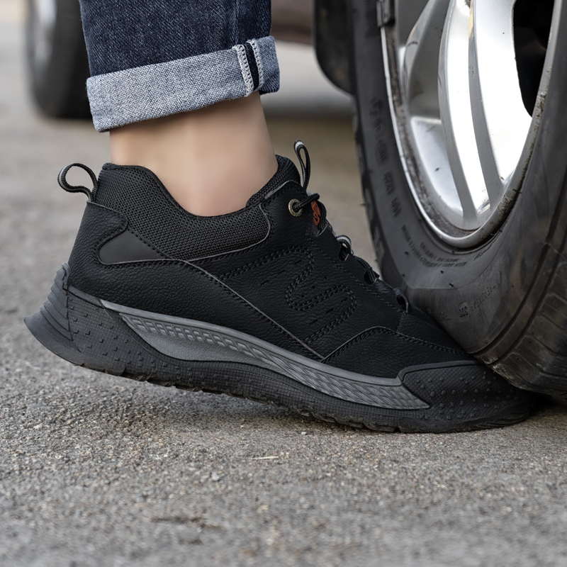 Black waterproof microfiber leather steel toe safety work shoes for men