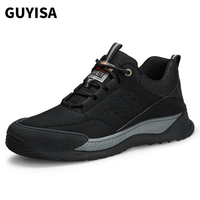 Black waterproof microfiber leather steel toe safety work shoes for men
