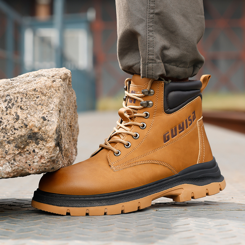 GUYISA Outdoor lightweight safety boots waterproof cowhide anti-skid wear-resistant rubber sole men's work safety boots