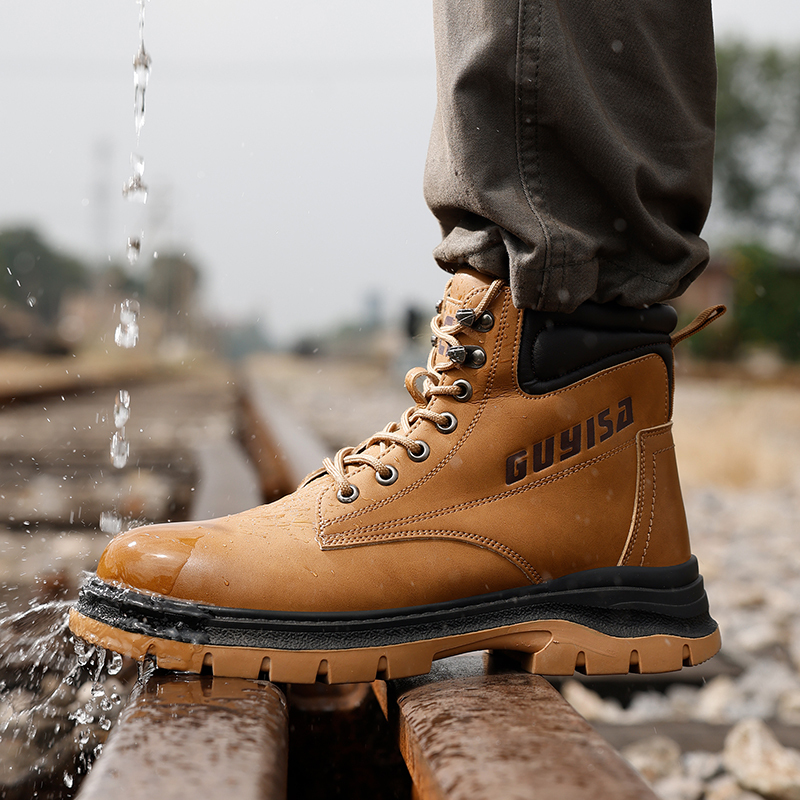 GUYISA Outdoor lightweight safety boots waterproof cowhide anti-skid wear-resistant rubber sole men's work safety boots