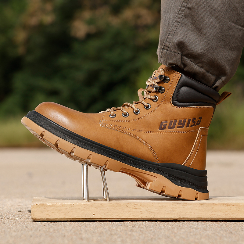 GUYISA Outdoor lightweight safety boots waterproof cowhide anti-skid wear-resistant rubber sole men's work safety boots