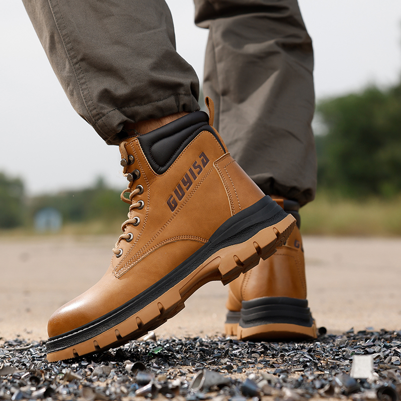 GUYISA Outdoor lightweight safety boots waterproof cowhide anti-skid wear-resistant rubber sole men's work safety boots