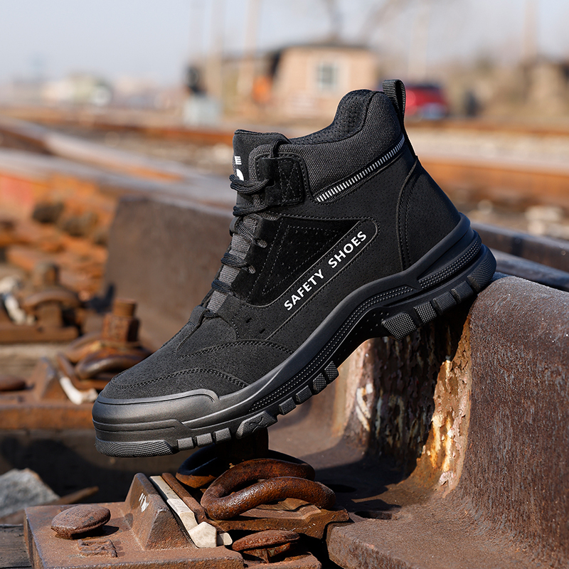 GUYISA  Black all - season high - top workwear series European standard steel toe cap anti - impact anti - puncture Kevlar sole rubber sole safety shoes