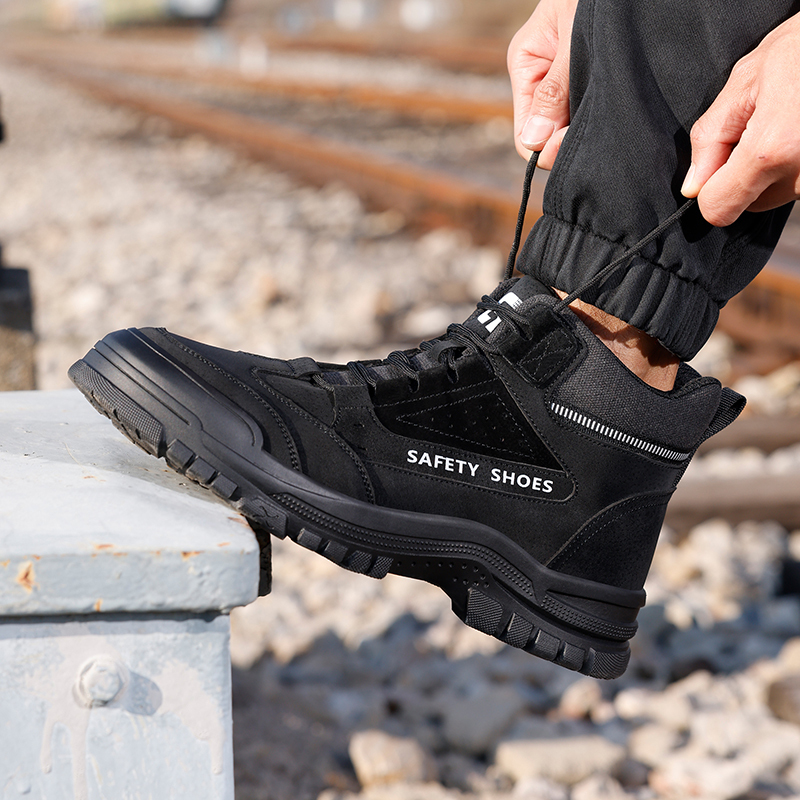GUYISA  Black all - season high - top workwear series European standard steel toe cap anti - impact anti - puncture Kevlar sole rubber sole safety shoes