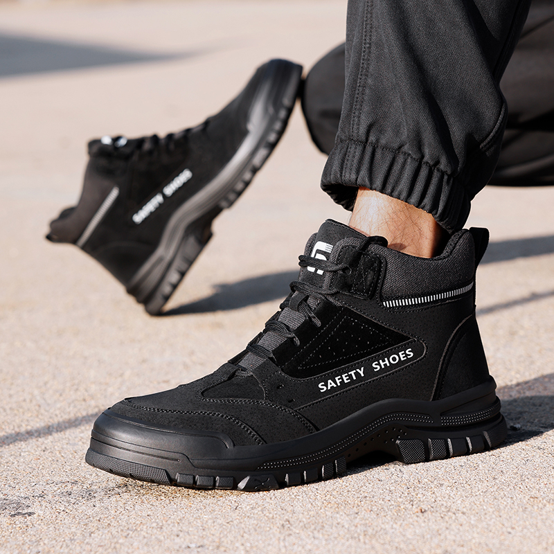 GUYISA  Black all - season high - top workwear series European standard steel toe cap anti - impact anti - puncture Kevlar sole rubber sole safety shoes