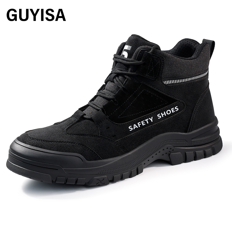 GUYISA  Black all - season high - top workwear series European standard steel toe cap anti - impact anti - puncture Kevlar sole rubber sole safety shoes