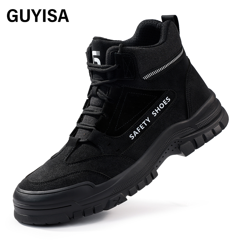 GUYISA  Black all - season high - top workwear series European standard steel toe cap anti - impact anti - puncture Kevlar sole rubber sole safety shoes