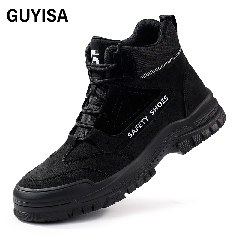 GUYISA  Black all - season high - top workwear series European standard steel toe cap anti - impact anti - puncture Kevlar sole rubber sole safety shoes
