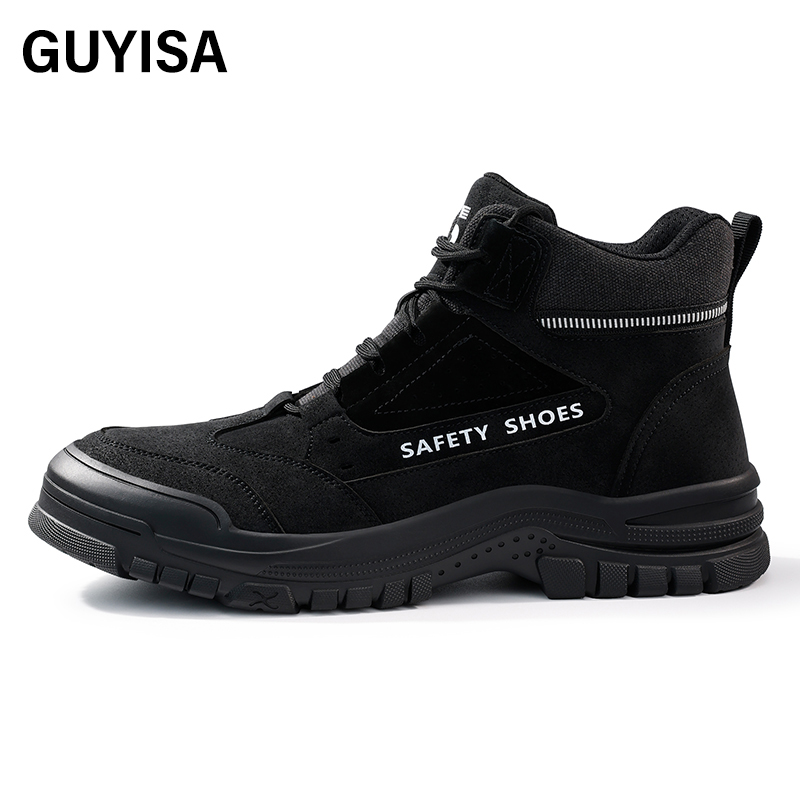 GUYISA  Black all - season high - top workwear series European standard steel toe cap anti - impact anti - puncture Kevlar sole rubber sole safety shoes