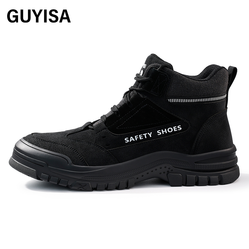 GUYISA  Black all - season high - top workwear series European standard steel toe cap anti - impact anti - puncture Kevlar sole rubber sole safety shoes