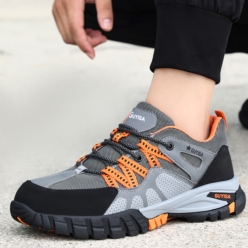 GUYISA  Hiking series grey anti - smashing anti - piercing steel wire cloth European standard steel toe cap rubber sole safety shoes
