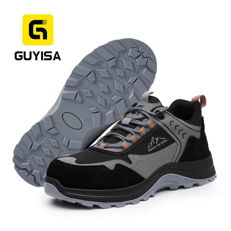 GUYISA 6055BK Work Safety Shoes, EN Standard Steel Toe Anti-smash Anti-puncture, Microfiber, Suede & Steel Wire Cloth Upper, Solid Dual Density PU Sole Industrial Shoes
