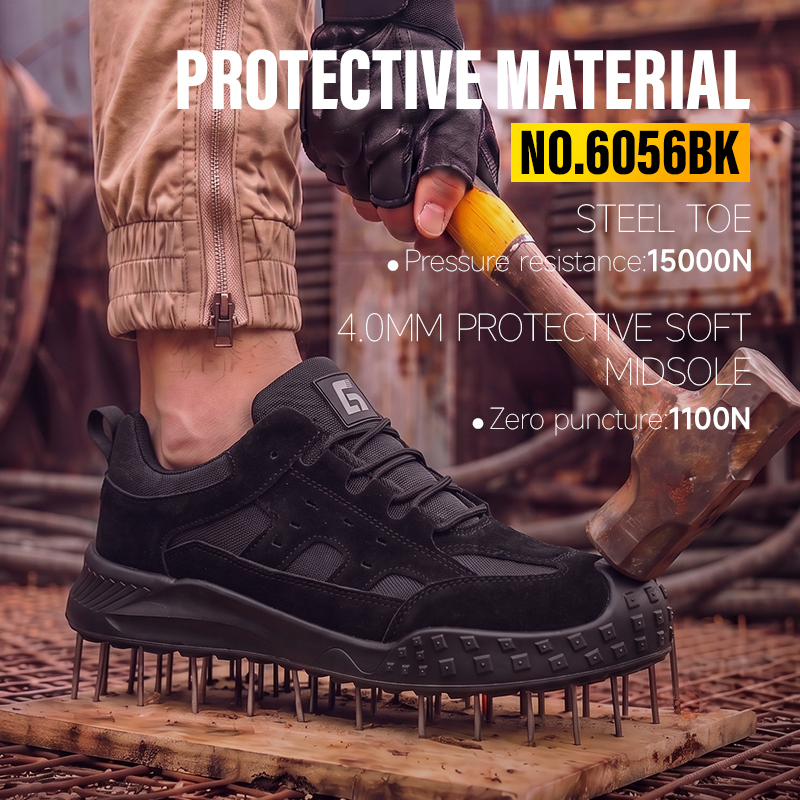 GUYISA 6056BK Work Safety Shoes, EN Standard Steel Toe Anti-smash Anti-puncture Suede & Canvas Shoes, Solid Dual Density PU Sole Industrial Footwear