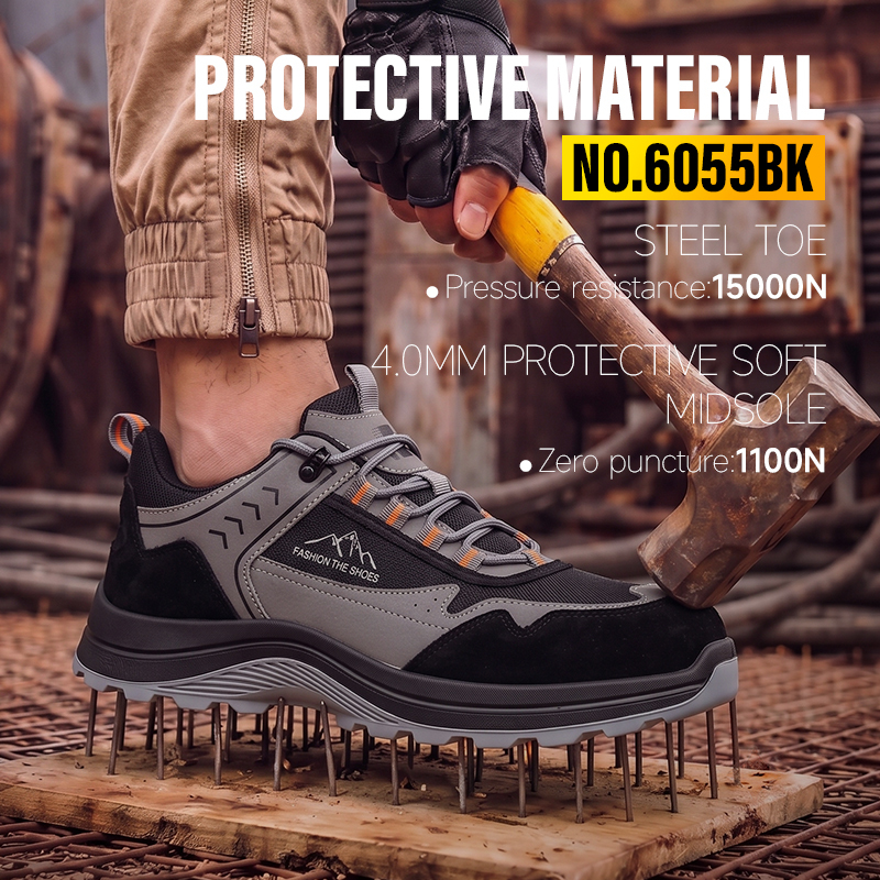 GUYISA 6055BK Work Safety Shoes, EN Standard Steel Toe Anti-smash Anti-puncture, Microfiber, Suede & Steel Wire Cloth Upper, Solid Dual Density PU Sole Industrial Shoes