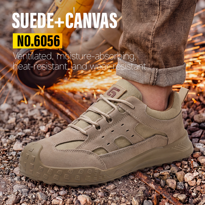 GUYISA 6056 Work Safety Shoes, EN Standard Steel Toe Anti-smash Anti-puncture Suede & Canvas Shoes, Solid Dual Density PU Sole Industrial Footwear