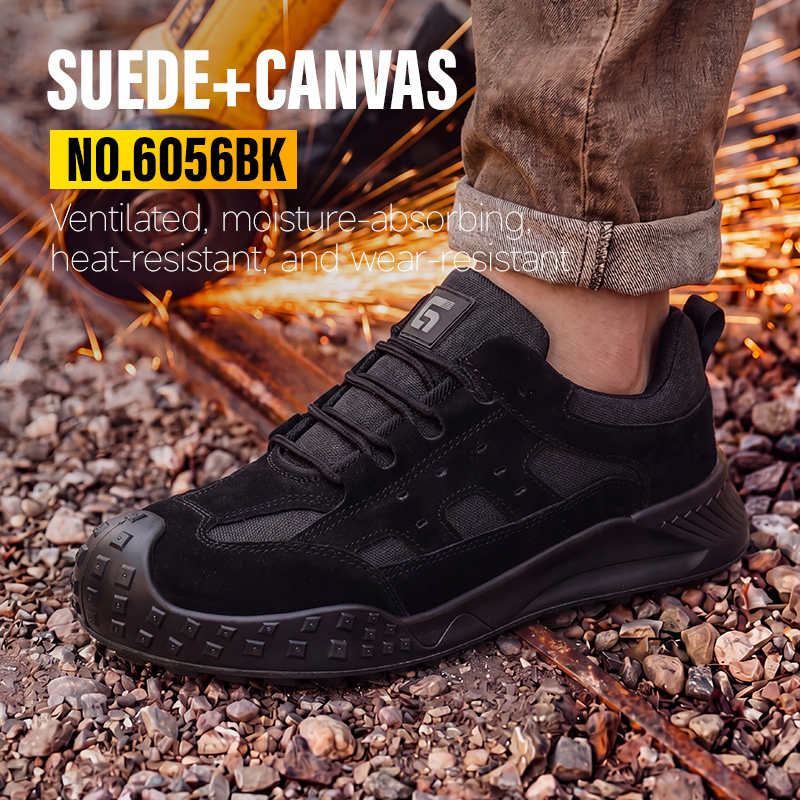GUYISA 6056BK Work Safety Shoes, EN Standard Steel Toe Anti-smash Anti-puncture Suede & Canvas Shoes, Solid Dual Density PU Sole Industrial Footwear