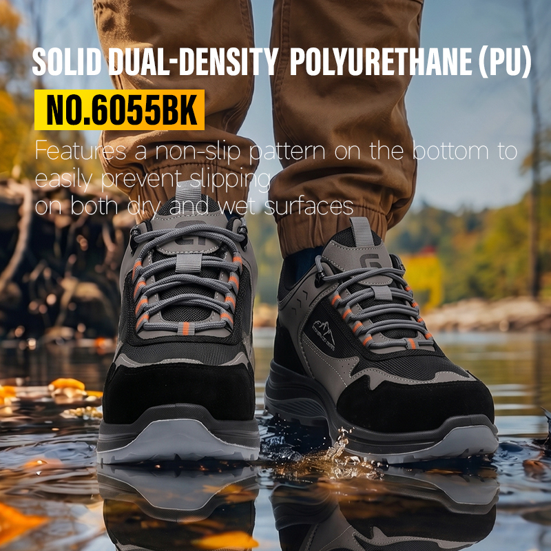 GUYISA 6055BK Work Safety Shoes, EN Standard Steel Toe Anti-smash Anti-puncture, Microfiber, Suede & Steel Wire Cloth Upper, Solid Dual Density PU Sole Industrial Shoes