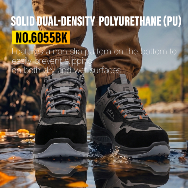 GUYISA 6055BK Work Safety Shoes, EN Standard Steel Toe Anti-smash Anti-puncture, Microfiber, Suede & Steel Wire Cloth Upper, Solid Dual Density PU Sole Industrial Shoes