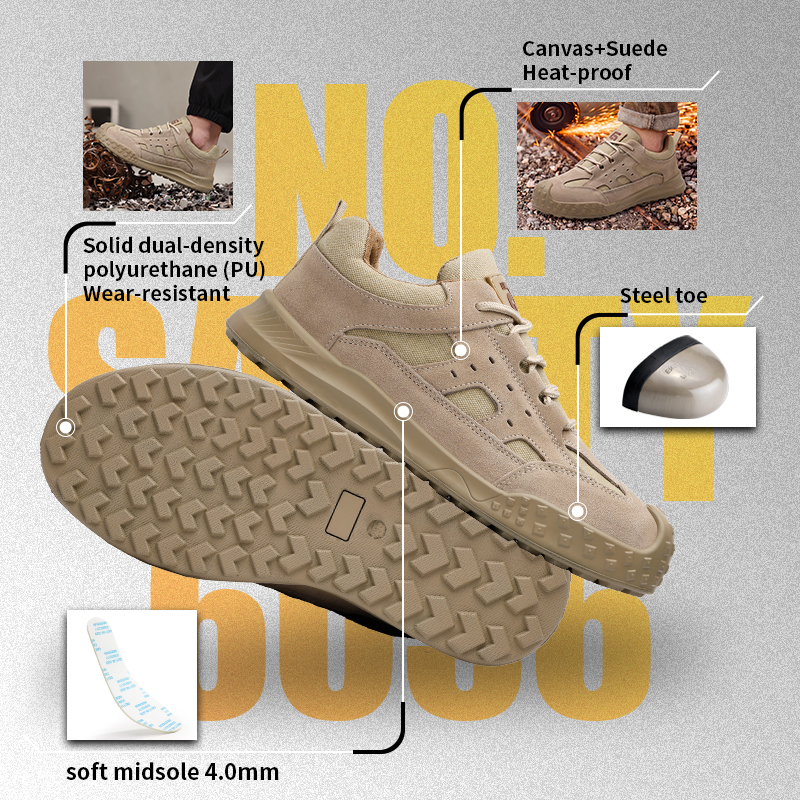 GUYISA 6056 Work Safety Shoes, EN Standard Steel Toe Anti-smash Anti-puncture Suede & Canvas Shoes, Solid Dual Density PU Sole Industrial Footwear