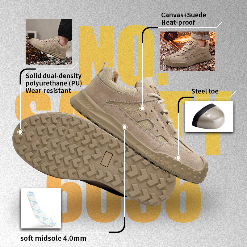 GUYISA 6056 Work Safety Shoes, EN Standard Steel Toe Anti-smash Anti-puncture Suede & Canvas Shoes, Solid Dual Density PU Sole Industrial Footwear