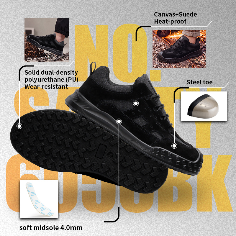 GUYISA 6056BK Work Safety Shoes, EN Standard Steel Toe Anti-smash Anti-puncture Suede & Canvas Shoes, Solid Dual Density PU Sole Industrial Footwear