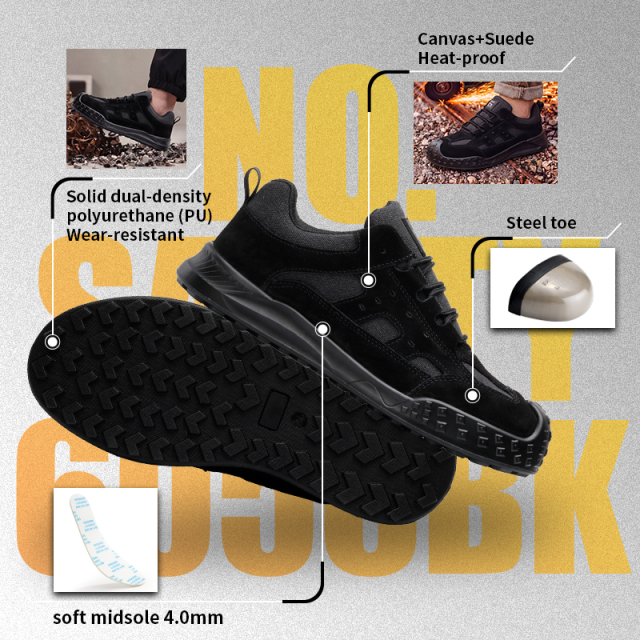 GUYISA 6056BK Work Safety Shoes, EN Standard Steel Toe Anti-smash Anti-puncture Suede & Canvas Shoes, Solid Dual Density PU Sole Industrial Footwear