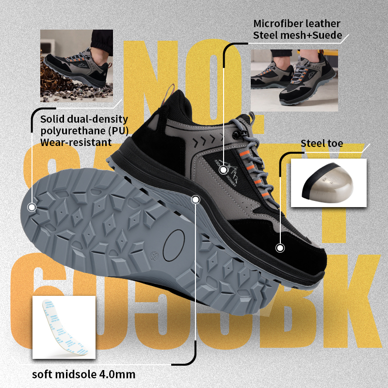 GUYISA 6055BK Work Safety Shoes, EN Standard Steel Toe Anti-smash Anti-puncture, Microfiber, Suede & Steel Wire Cloth Upper, Solid Dual Density PU Sole Industrial Shoes