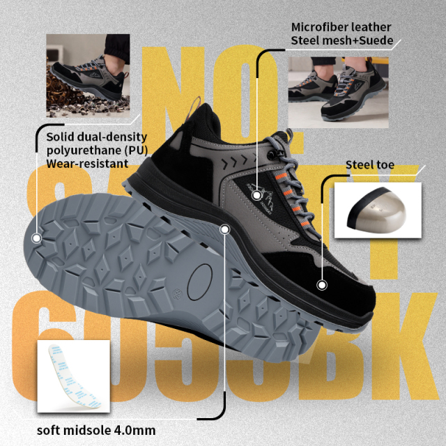 GUYISA 6055BK Work Safety Shoes, EN Standard Steel Toe Anti-smash Anti-puncture, Microfiber, Suede & Steel Wire Cloth Upper, Solid Dual Density PU Sole Industrial Shoes