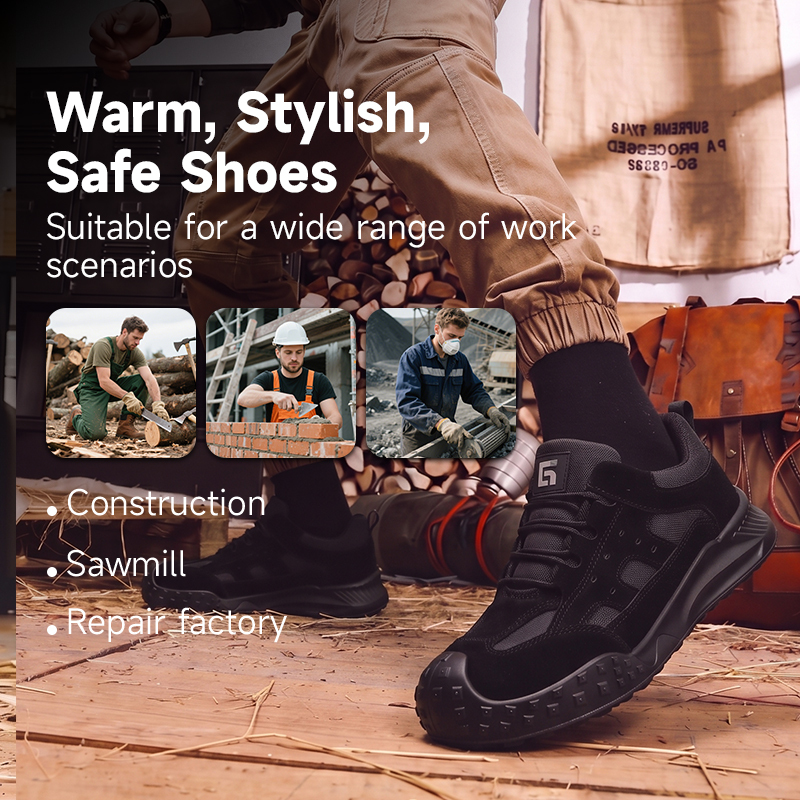 GUYISA 6056BK Work Safety Shoes, EN Standard Steel Toe Anti-smash Anti-puncture Suede & Canvas Shoes, Solid Dual Density PU Sole Industrial Footwear