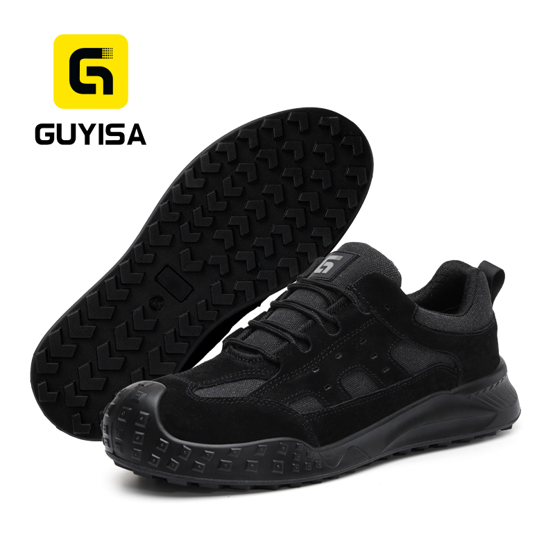 GUYISA 6056BK Work Safety Shoes, EN Standard Steel Toe Anti-smash Anti-puncture Suede & Canvas Shoes, Solid Dual Density PU Sole Industrial Footwear