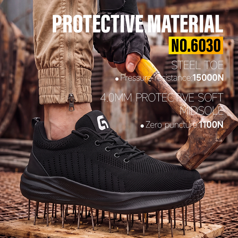 GUYISA 6030 Sports Safety Shoes, Wide Toe Box, Euro Steel Toe Anti-smashing Anti-puncture Work Shoes, Breathable Microfiber Fly Woven Upper, Non-slip Wear-resistant Rubber-Plastic Sole for Industrial Outdoor