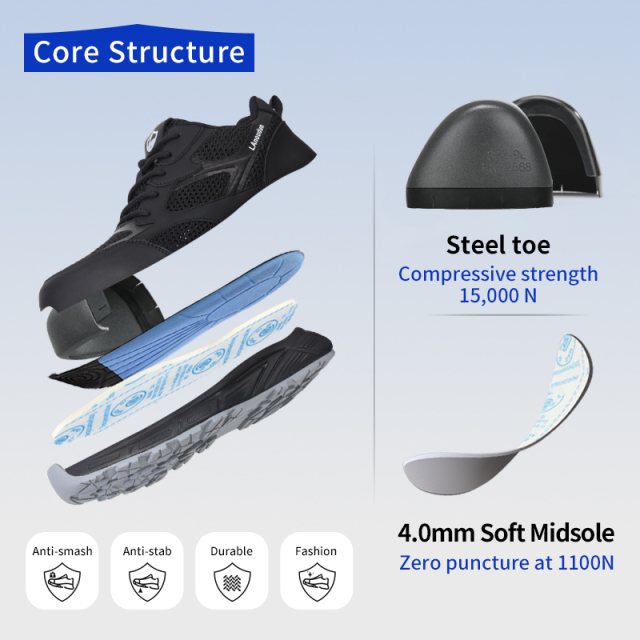 LAoudun D310T Casual Series Safety Shoes, EN Standard Steel Toe, Anti-Puncture, MD Outsole, Microfiber & Fly Knit Mesh Upper