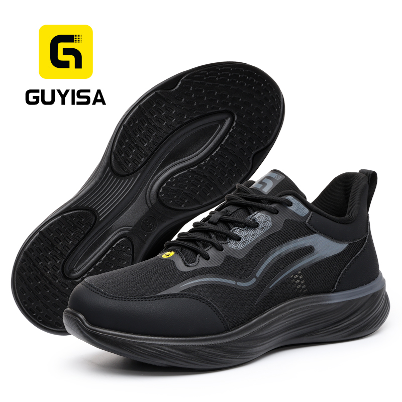 GUYISA 6023BKA Sports Safety Shoes, ESD Anti-Static Footwear, Microfiber & Fly Knit Upper, Solid Dual-Density PU Outsole