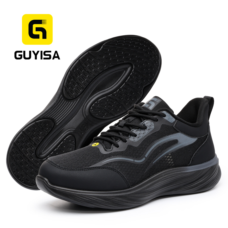 GUYISA 6023BKA Sports Safety Shoes, ESD Anti-Static Footwear, Microfiber & Fly Knit Upper, Solid Dual-Density PU Outsole