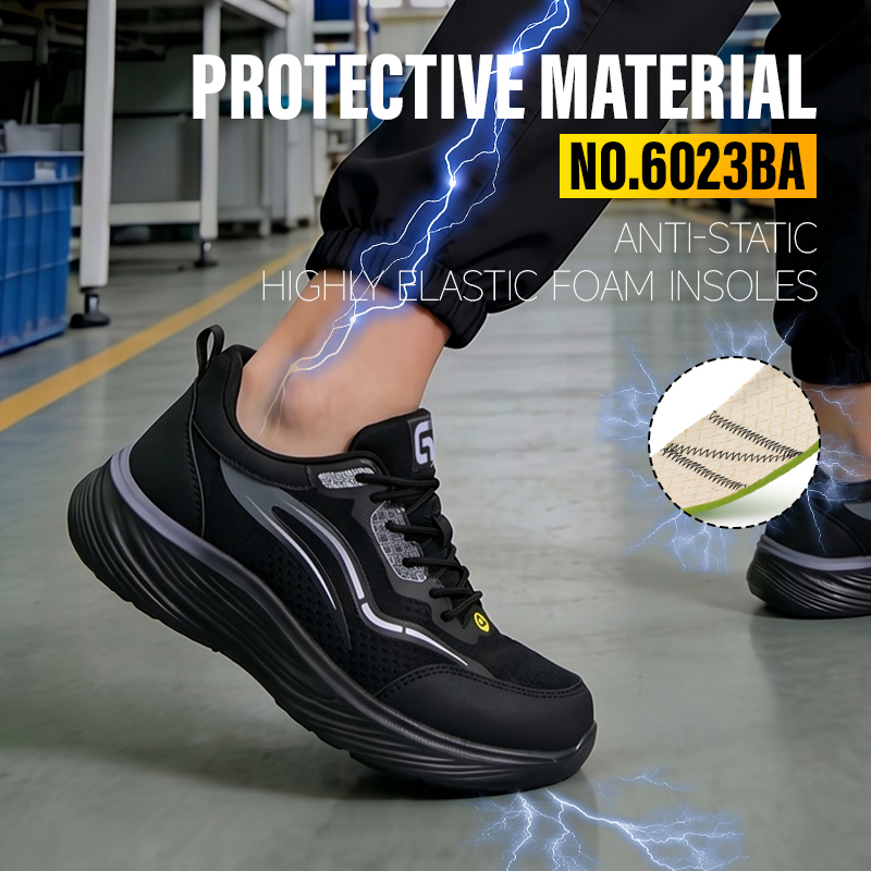 GUYISA 6023BA Sports Safety Shoes, ESD Anti-Static Footwear with Microfiber & Fly Knit Upper, Solid Dual-Density PU Outsole