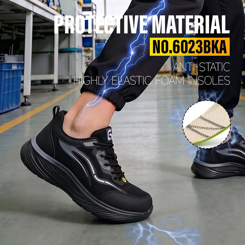 GUYISA 6023BKA Sports Safety Shoes, ESD Anti-Static Footwear, Microfiber & Fly Knit Upper, Solid Dual-Density PU Outsole