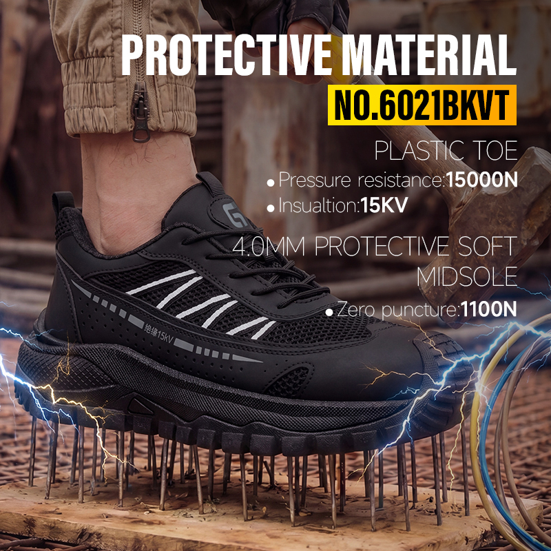 GUYISA 6021BKVT Casual Safety Shoes, EU Standard Plastic Toe Cap, Anti-Smash Anti-Puncture & 15KV Insulated Work Shoes, Microfiber & Fly Knit Upper, MD Outsole