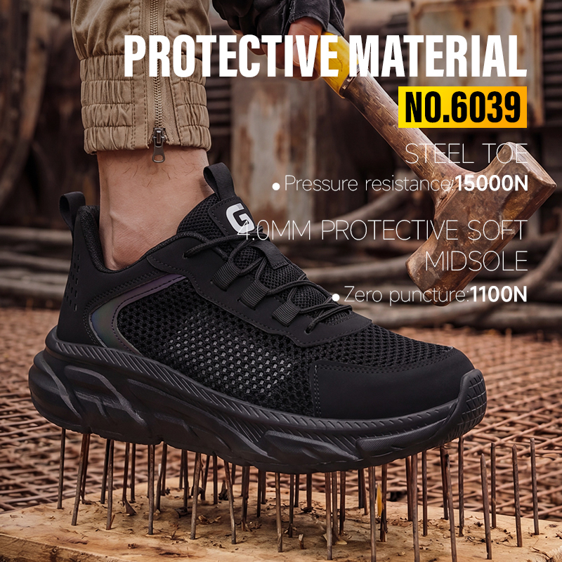 GUYISA 6039 Casual Safety Shoes, EU Standard Steel Toe Anti-Smash & Anti-Puncture Work Shoes, Microfiber & Fly Mesh Upper with Rubber-Plastic Sole