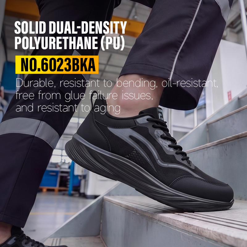 GUYISA 6023BKA Sports Safety Shoes, ESD Anti-Static Footwear, Microfiber & Fly Knit Upper, Solid Dual-Density PU Outsole