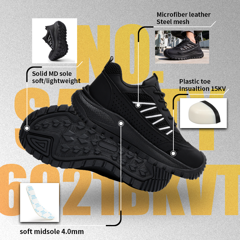 GUYISA 6021BKVT Casual Safety Shoes, EU Standard Plastic Toe Cap, Anti-Smash Anti-Puncture & 15KV Insulated Work Shoes, Microfiber & Fly Knit Upper, MD Outsole