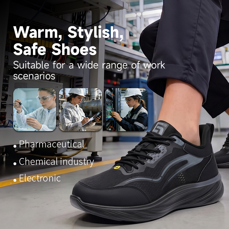 GUYISA 6023BKA Sports Safety Shoes, ESD Anti-Static Footwear, Microfiber & Fly Knit Upper, Solid Dual-Density PU Outsole