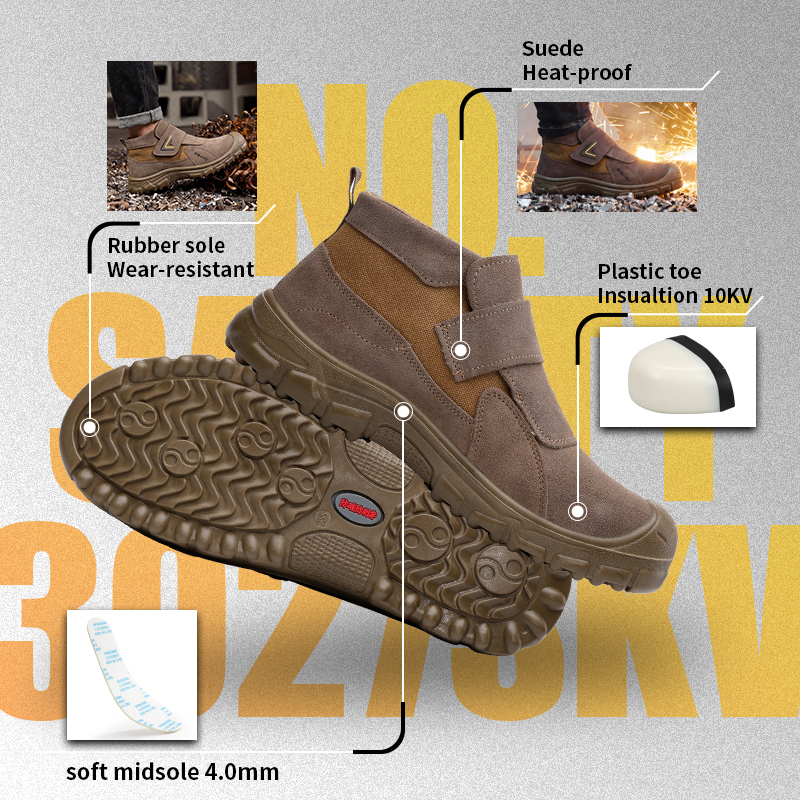 GUYISA 3027SKV Welding Series Safety Shoes, 10KV Insulated Anti-smash Anti-puncture Work Shoes with European Standard Plastic Toe Cap, Solid Dual-density PU Outsole and Suede Leather Upper