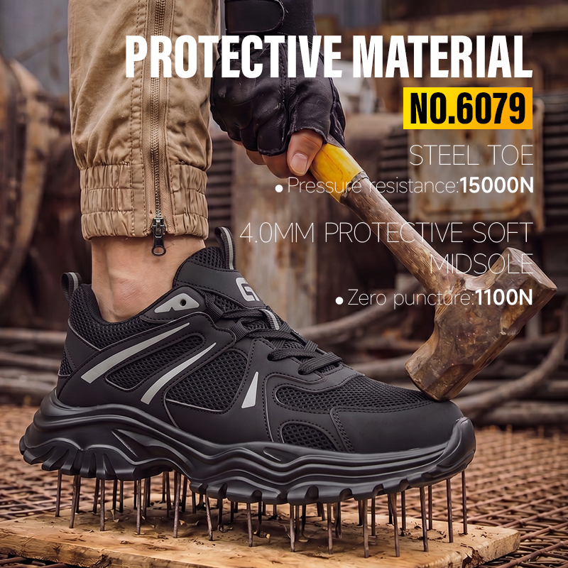 GUYISA 6079 New Dad Style, Black with Euro Standard Steel Toe,  Rubber-plastic Outsole, Microfiber & Fly Knit & Steel Wire Cloth, Hi-Poly Insole