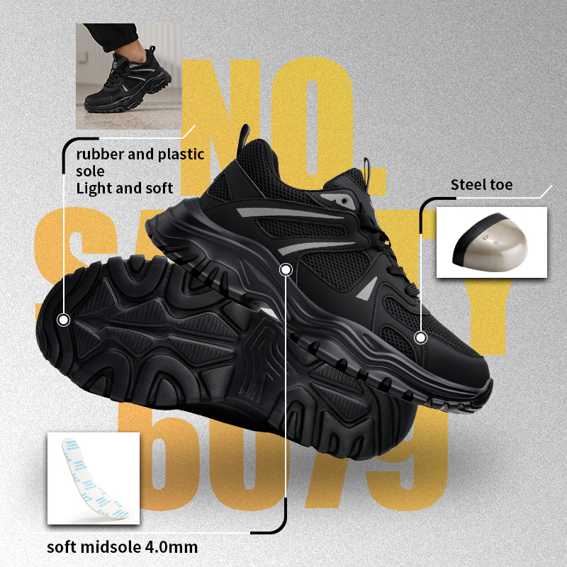 GUYISA 6079 New Dad Style, Black with Euro Standard Steel Toe,  Rubber-plastic Outsole, Microfiber & Fly Knit & Steel Wire Cloth, Hi-Poly Insole