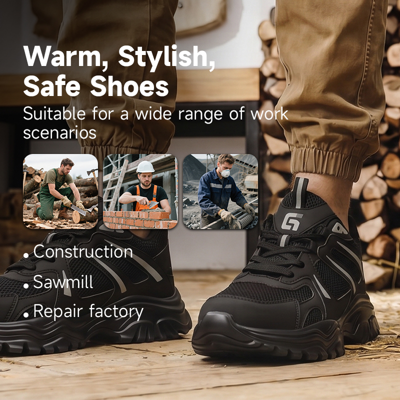 GUYISA 6079 New Dad Style, Black with Euro Standard Steel Toe,  Rubber-plastic Outsole, Microfiber & Fly Knit & Steel Wire Cloth, Hi-Poly Insole