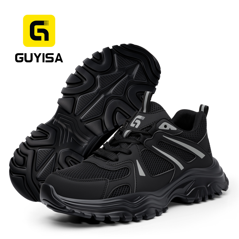 GUYISA 6079 New Dad Style, Black with Euro Standard Steel Toe,  Rubber-plastic Outsole, Microfiber & Fly Knit & Steel Wire Cloth, Hi-Poly Insole