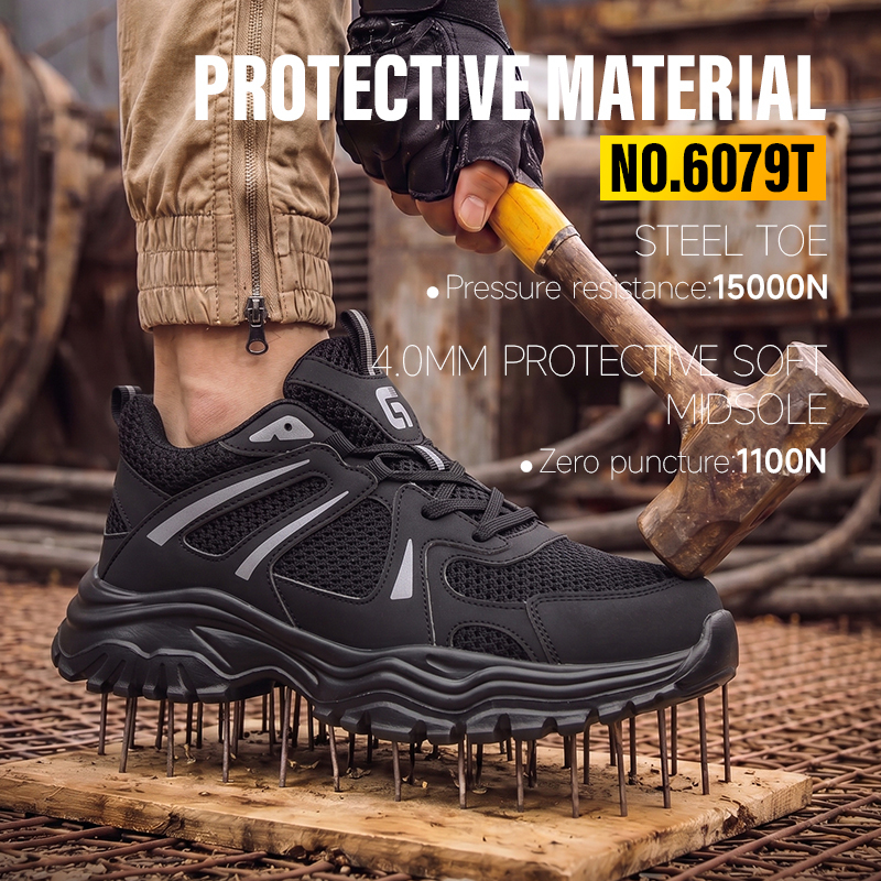 GUYISA 6079T Dad Style Safety Shoes, EU Steel Toe, Puncture-Proof, Rubber-Plastic Outsole, Microfiber & Fly Woven Upper