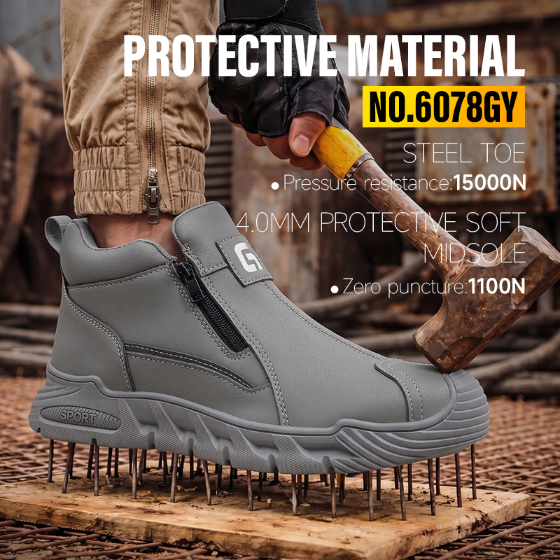 GUYISA 6078GY Grey Work Safety Shoes, EU Steel Toe Anti-Smash Anti-Puncture Rubber Sole Microfiber Upper