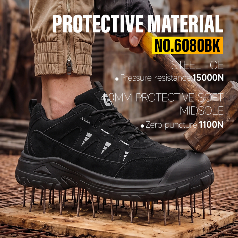GUYISA 6080BK Outdoor Hiking Safety Shoes Steel Toe Kevlar Puncture Resistant Rubber Sole Microfiber Work Sneakers